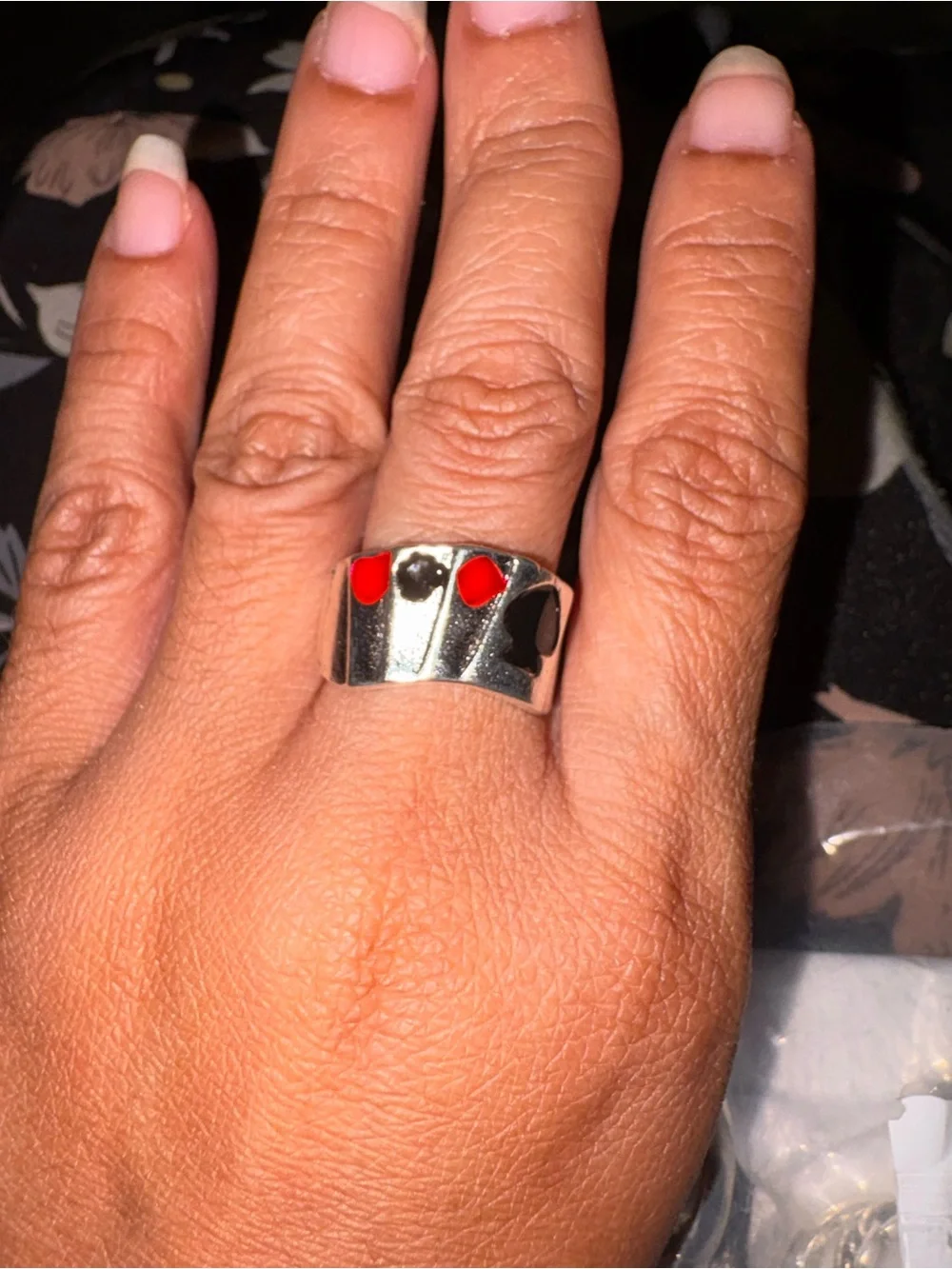 Silver Tone Men's Card-Suit Accent Ring with Black and Red Inlay